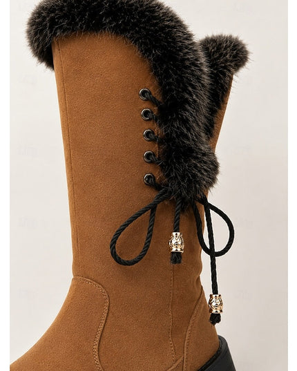 Women's Faux Fur Knee High Winter Boots, Lug Sole Block Heel