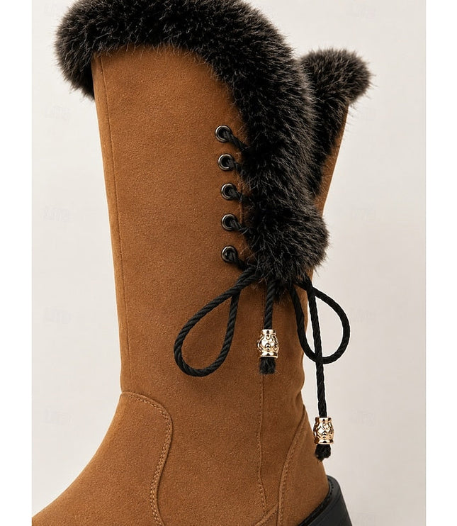 Women's Faux Fur Knee High Winter Boots, Lug Sole Block Heel