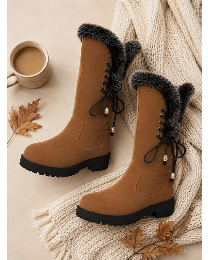 Women's Faux Fur Knee High Winter Boots, Lug Sole Block Heel