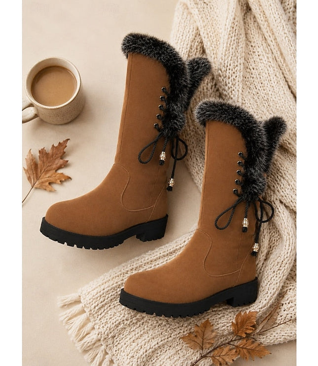 Women's Faux Fur Knee High Winter Boots, Lug Sole Block Heel