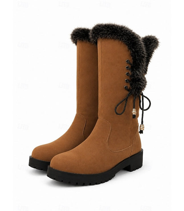 Women's Faux Fur Knee High Winter Boots, Lug Sole Block Heel