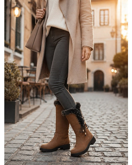 Women's Faux Fur Knee High Winter Boots, Lug Sole Block Heel