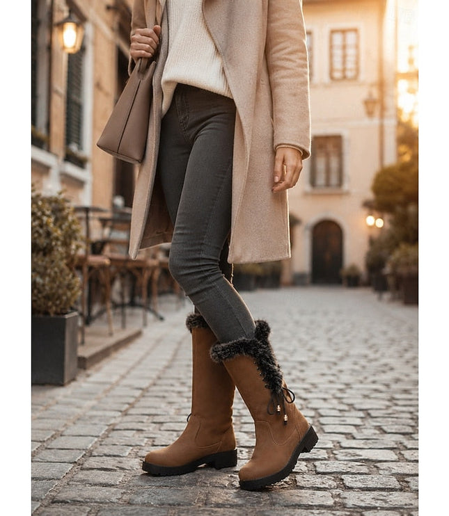 Women's Faux Fur Knee High Winter Boots, Lug Sole Block Heel