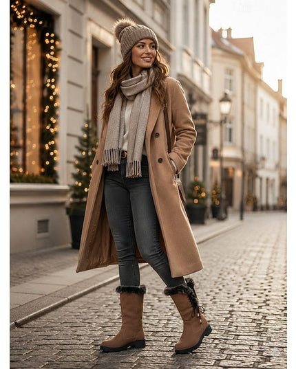 Women's Faux Fur Knee High Winter Boots, Lug Sole Block Heel