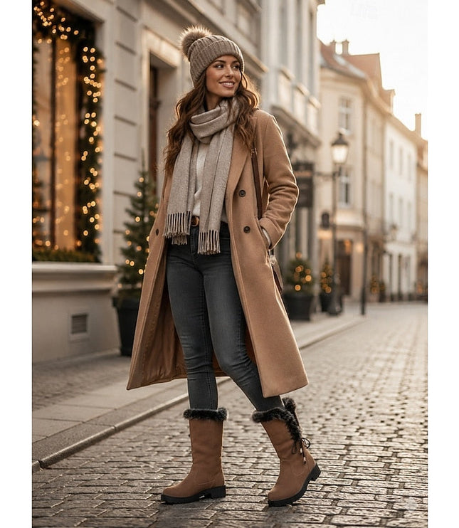 Women's Faux Fur Knee High Winter Boots, Lug Sole Block Heel
