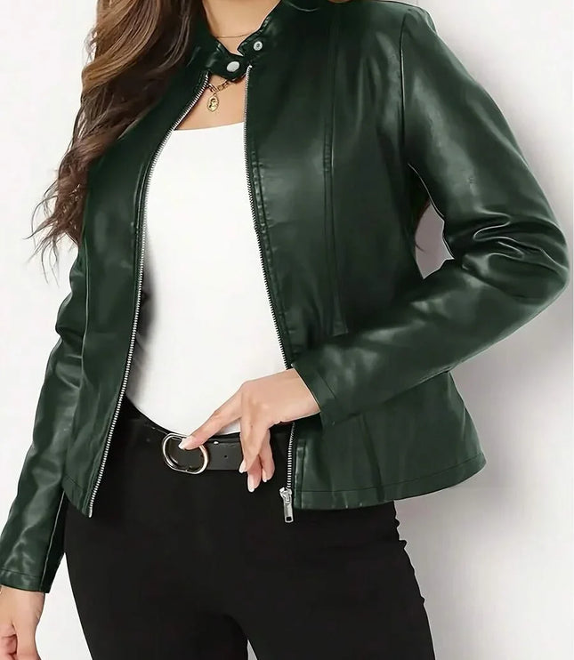 Women's Faux Leather Biker Jacket, Panel Seam Stand Collar