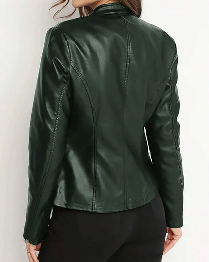 Women's Faux Leather Biker Jacket, Panel Seam Stand Collar