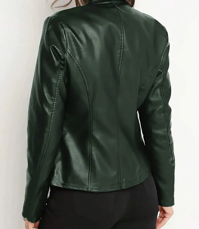 Women's Faux Leather Biker Jacket, Panel Seam Stand Collar