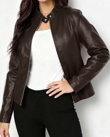 Women's Faux Leather Biker Jacket, Panel Seam Stand Collar