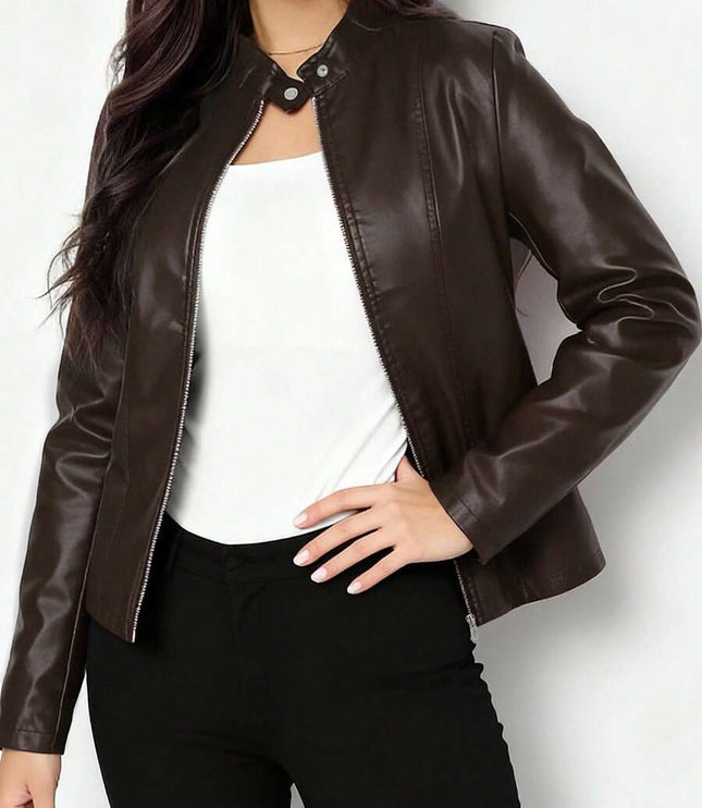 Women's Faux Leather Biker Jacket, Panel Seam Stand Collar