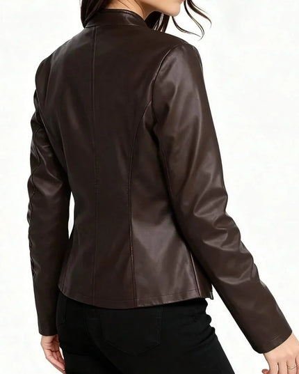 Women's Faux Leather Biker Jacket, Panel Seam Stand Collar