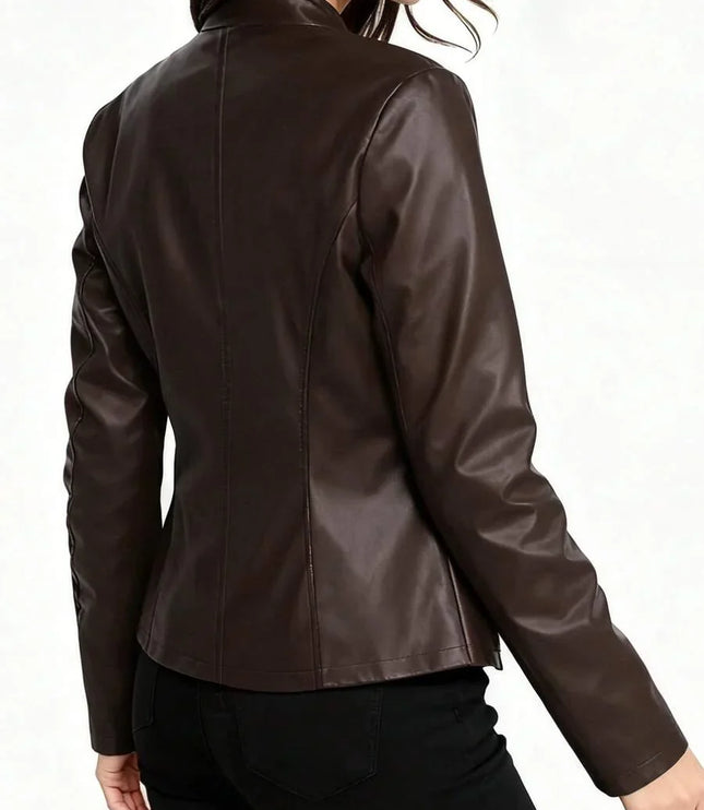 Women's Faux Leather Biker Jacket, Panel Seam Stand Collar