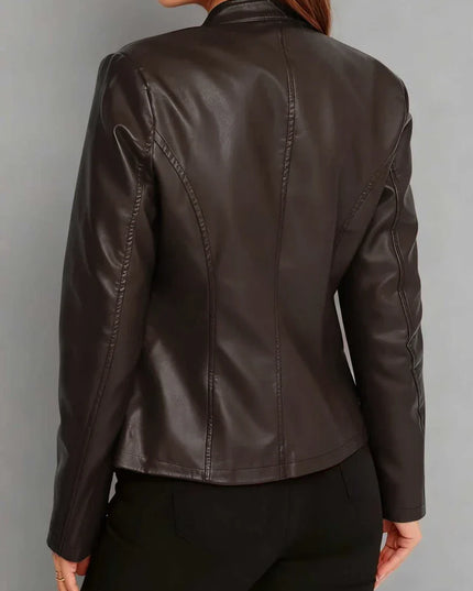 Women's Faux Leather Biker Jacket, Panel Seam Stand Collar
