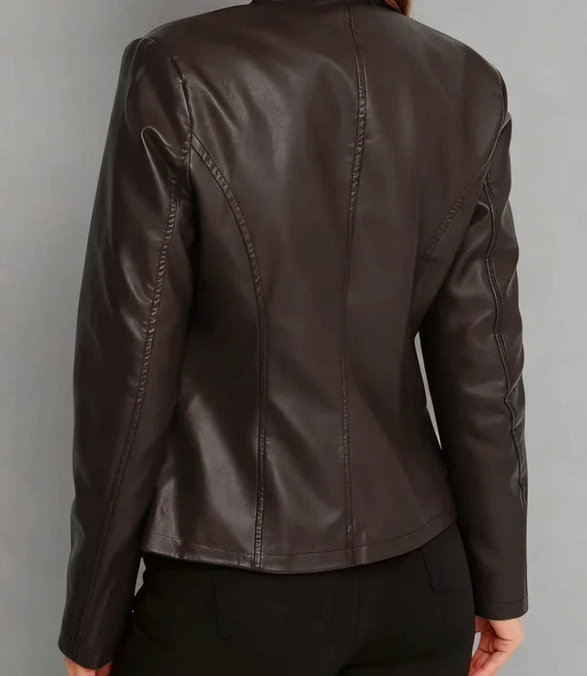 Women's Faux Leather Biker Jacket, Panel Seam Stand Collar