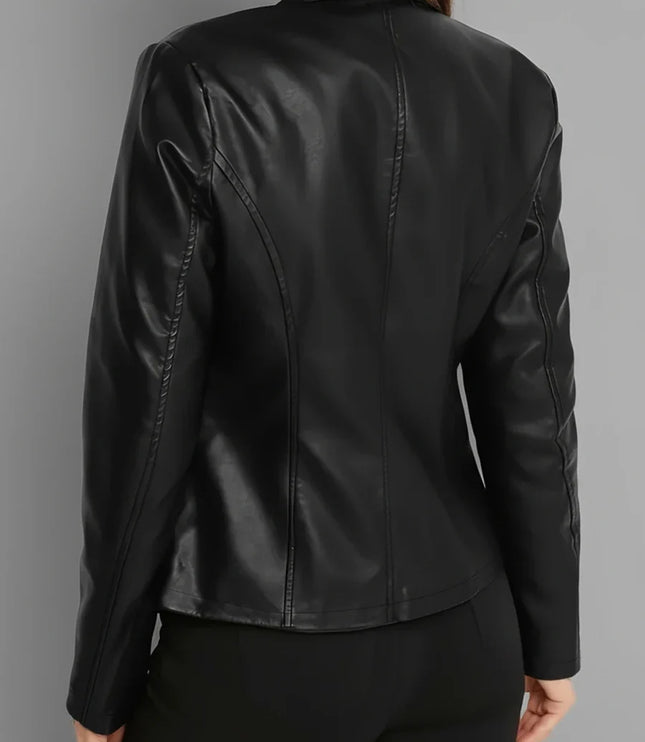 Women's Faux Leather Biker Jacket, Panel Seam Stand Collar