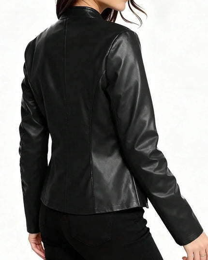 Women's Faux Leather Biker Jacket, Panel Seam Stand Collar