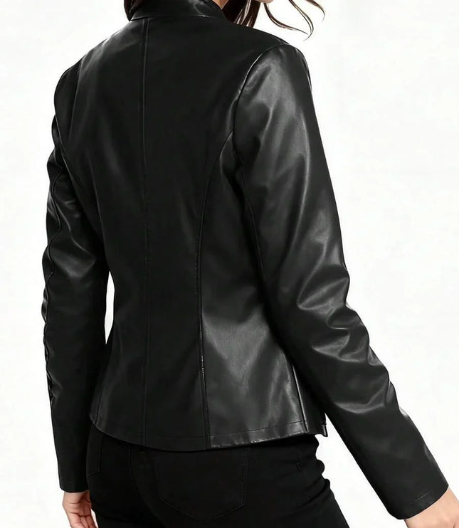 Women's Faux Leather Biker Jacket, Panel Seam Stand Collar