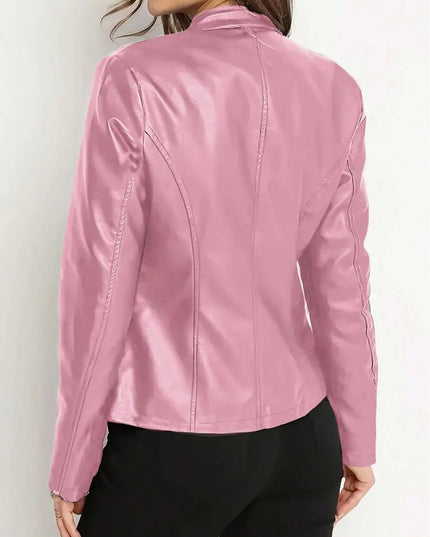 Women's Faux Leather Biker Jacket, Panel Seam Stand Collar