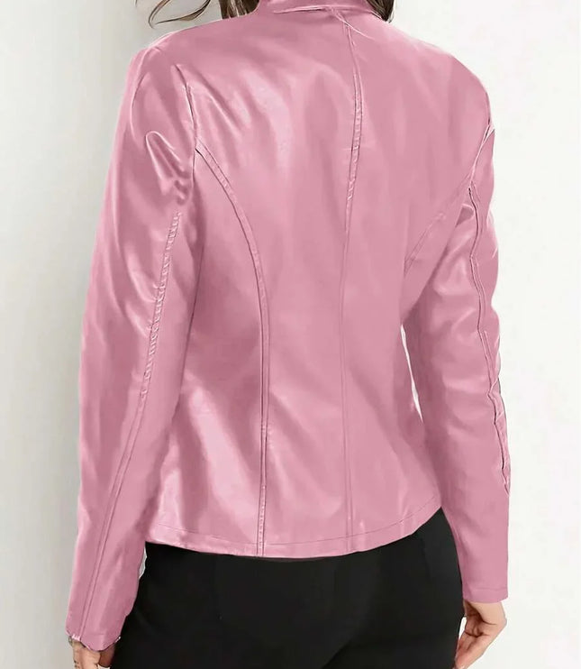 Women's Faux Leather Biker Jacket, Panel Seam Stand Collar