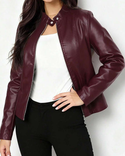 Women's Faux Leather Biker Jacket, Panel Seam Stand Collar