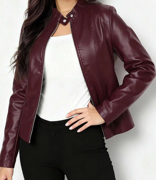 Women's Faux Leather Biker Jacket, Panel Seam Stand Collar