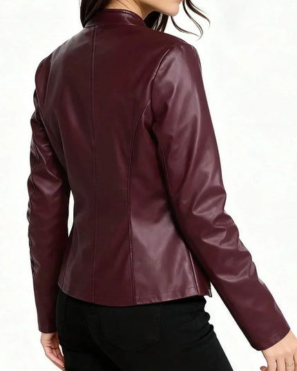Women's Faux Leather Biker Jacket, Panel Seam Stand Collar