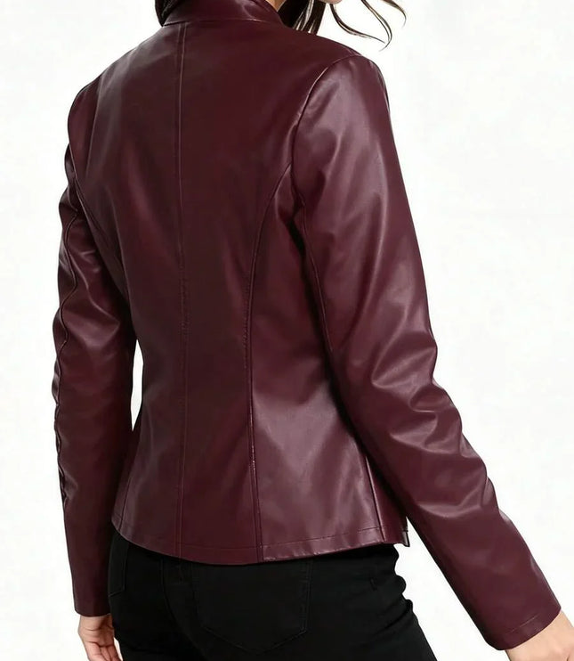 Women's Faux Leather Biker Jacket, Panel Seam Stand Collar