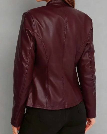 Women's Faux Leather Biker Jacket, Panel Seam Stand Collar
