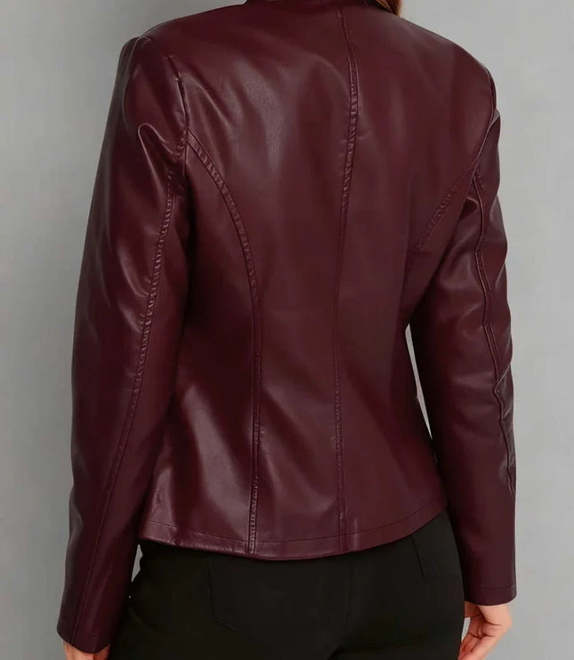 Women's Faux Leather Biker Jacket, Panel Seam Stand Collar