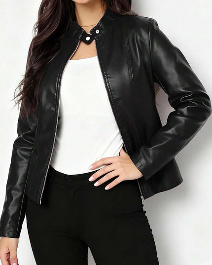 Women's Faux Leather Biker Jacket, Panel Seam Stand Collar