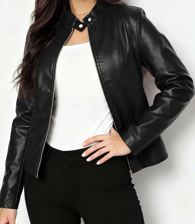 Women's Faux Leather Biker Jacket, Panel Seam Stand Collar