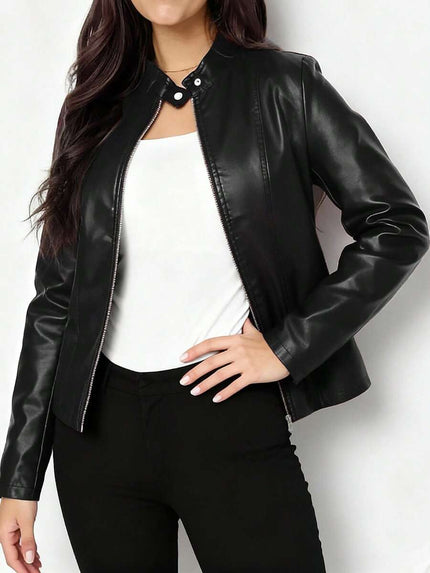 Women's Faux Leather Biker Jacket, Panel Seam Stand Collar
