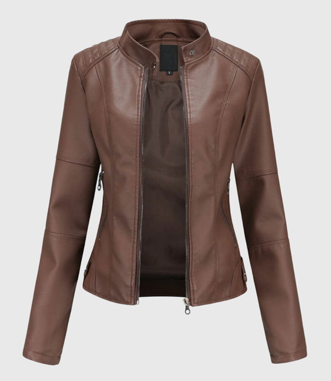 Women's Faux Leather Moto Jacket, Slim Fit with Zip Pockets