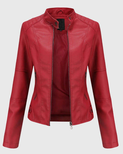 Women's Faux Leather Moto Jacket, Slim Fit with Zip Pockets