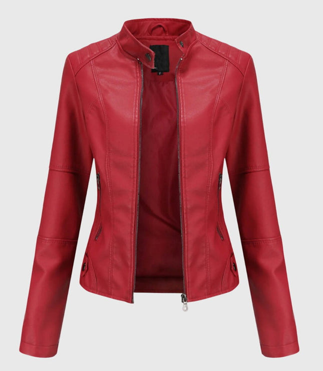 Women's Faux Leather Moto Jacket, Slim Fit with Zip Pockets