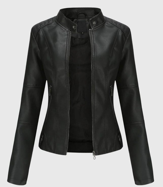 Women's Faux Leather Moto Jacket, Slim Fit with Zip Pockets