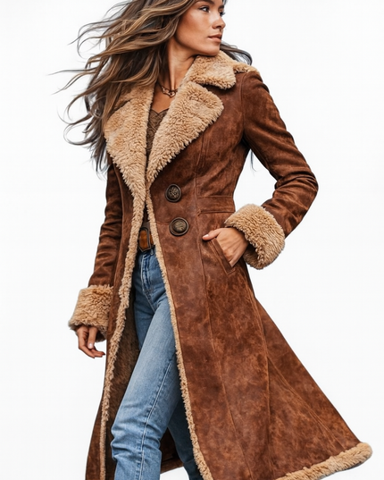 Women's Flared Long Faux Suede Fur Lined Winter Coat