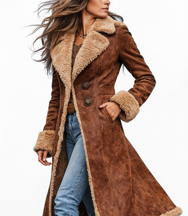 Women's Flared Long Faux Suede Fur Lined Winter Coat