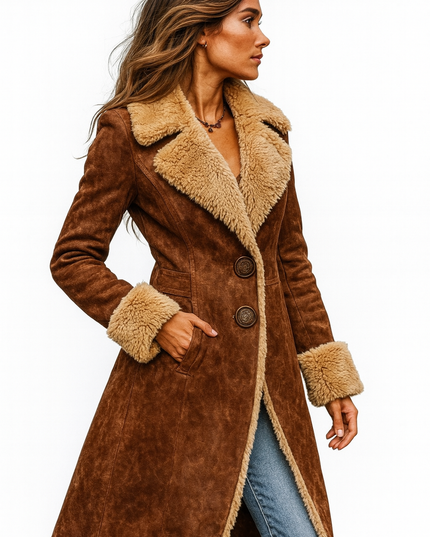 Women's Flared Long Faux Suede Fur Lined Winter Coat