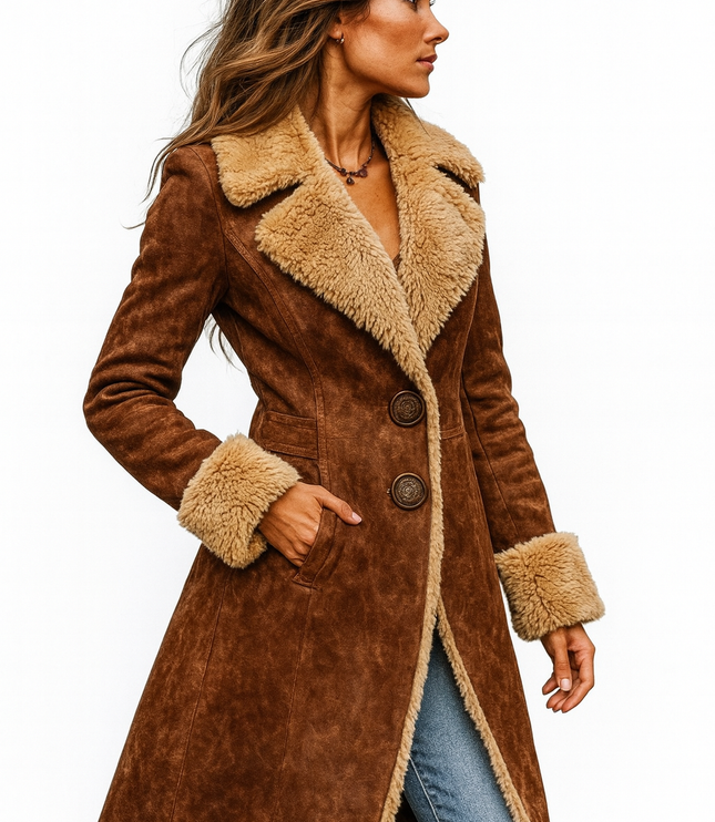 Women's Flared Long Faux Suede Fur Lined Winter Coat