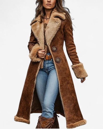 Women's Flared Long Faux Suede Fur Lined Winter Coat