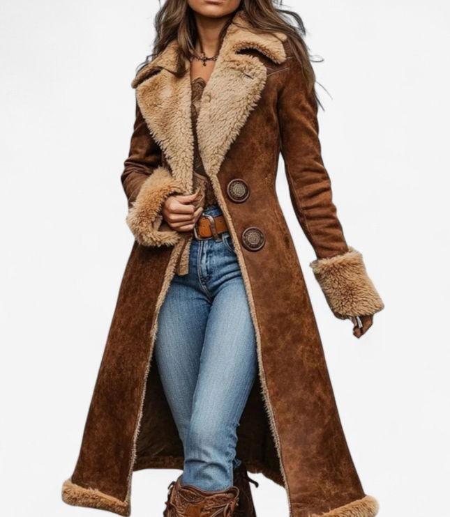 Women's Flared Long Faux Suede Fur Lined Winter Coat
