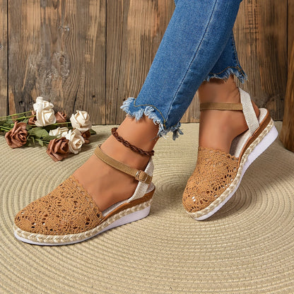 Caramel crochet lace sandal with cream adjustable ankle strap worn with denim