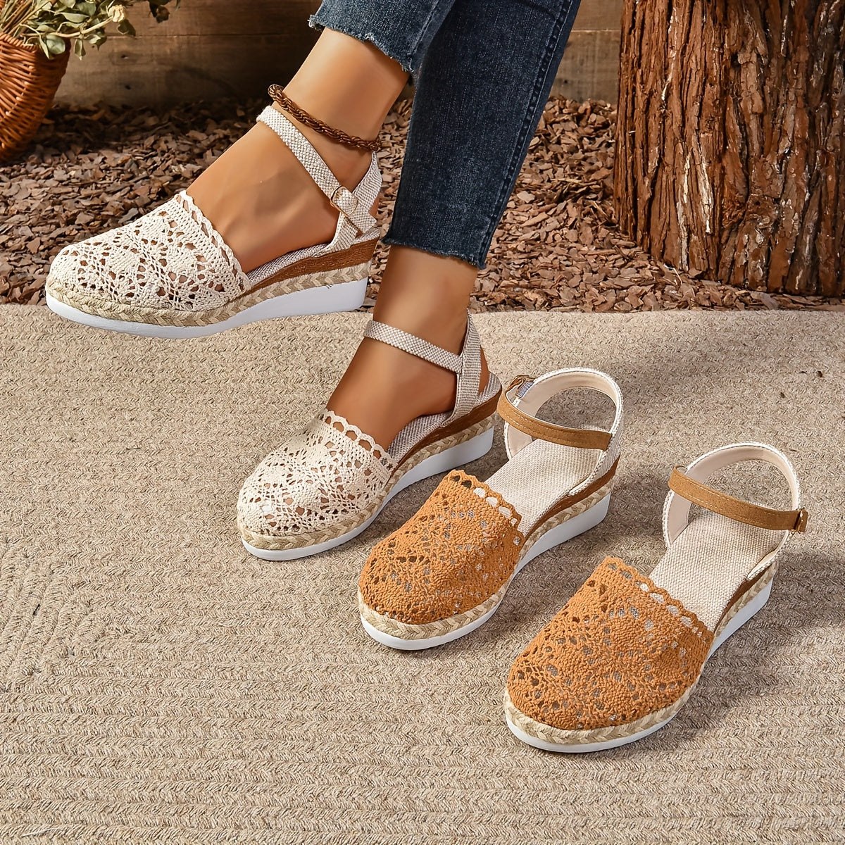 Multiple color options of crochet lace sandals in cream and caramel with adjustable straps