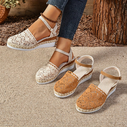 Multiple color options of crochet lace sandals in cream and caramel with adjustable straps