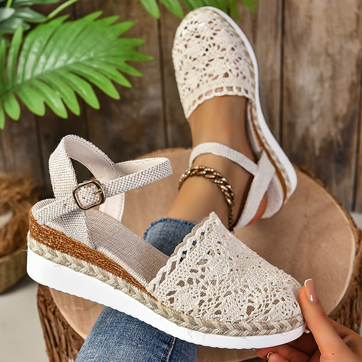 Cream crochet lace sandal with buckle ankle strap and rope-wrapped sole