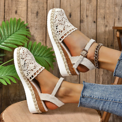 Cream crochet lace sandal with adjustable ankle strap and rope espadrille sole