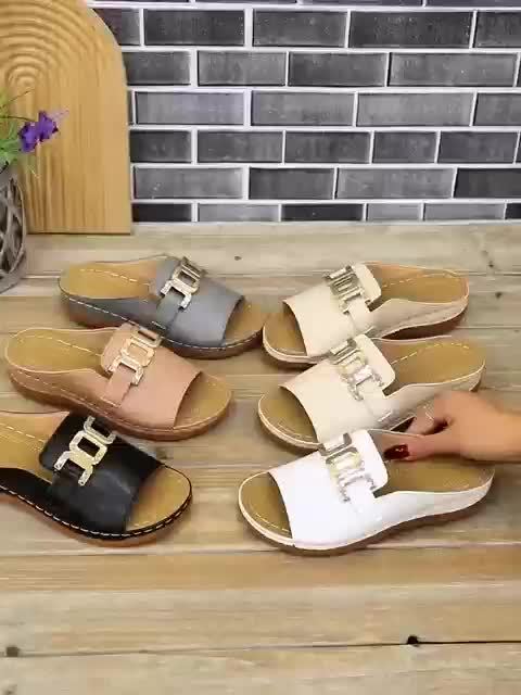 Multiple buckle slide sandals in black, gray, beige, and white color options displayed