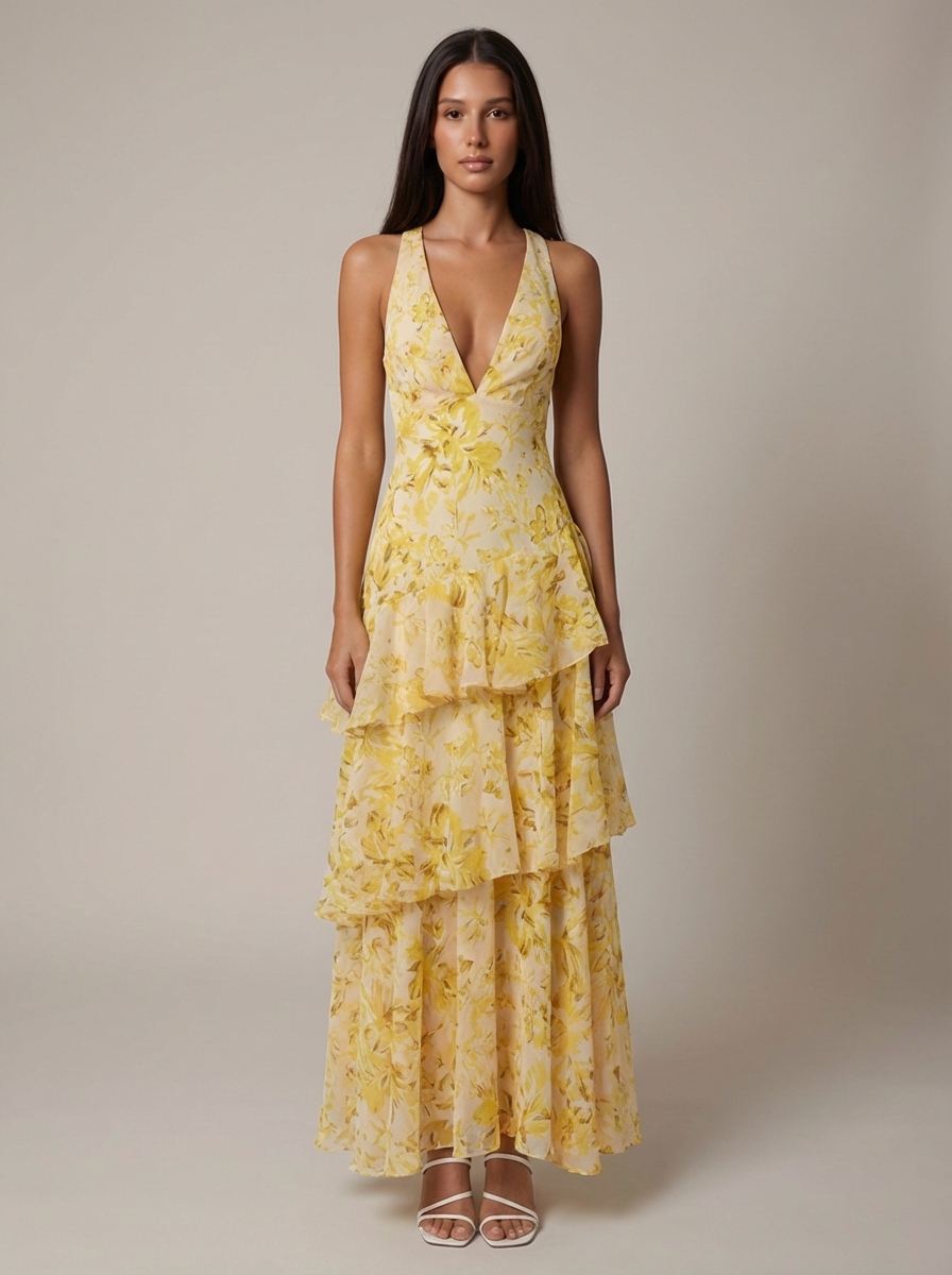 Women's Floral Halter Neck Summer Maxi Wedding Guest Dress