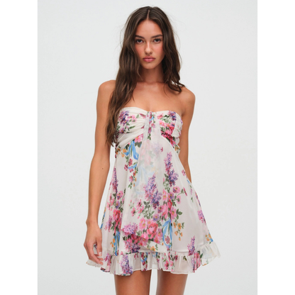 Women's Floral Strapless Mini Dress for Wedding Guest